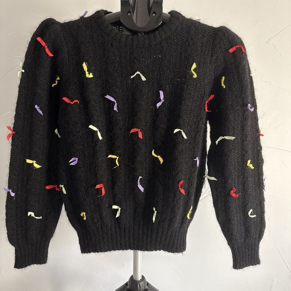 Vintage Marisa Christina Mohair Wool Ribbon Knit Sweater Black Rainbow Confetti